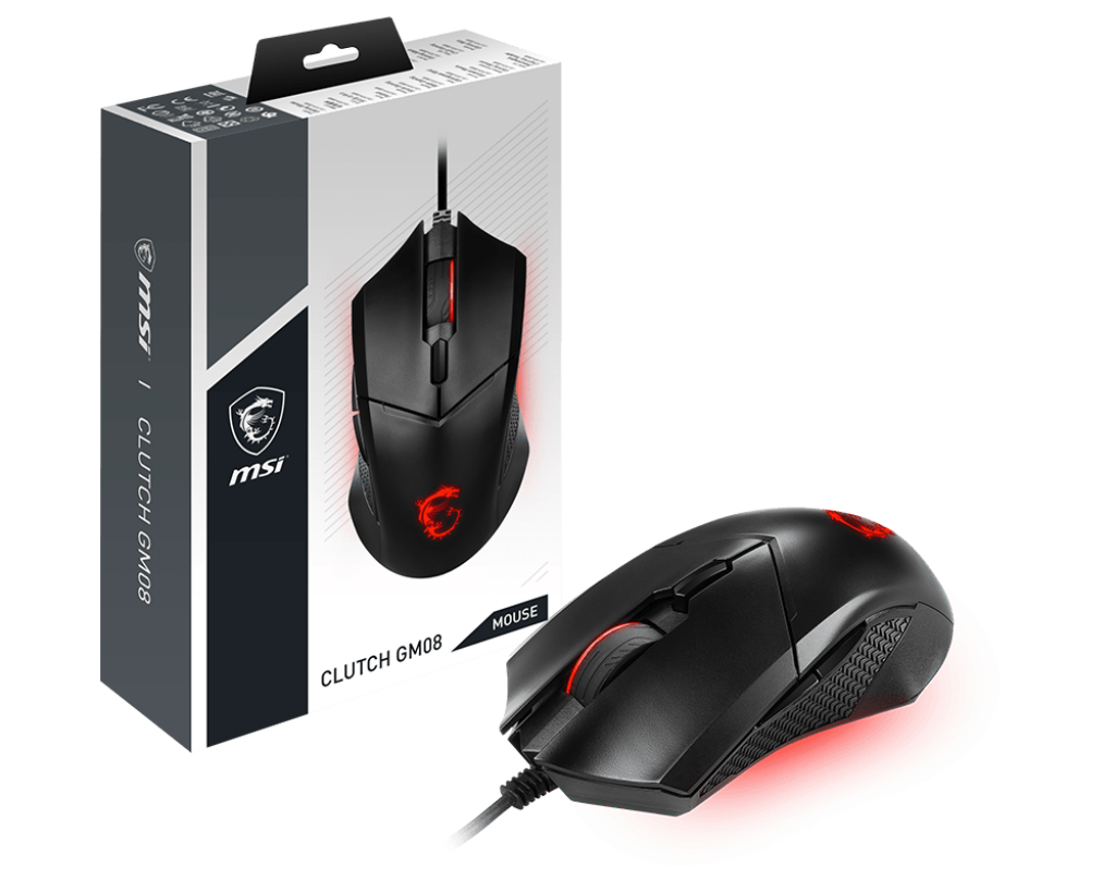 MSI Clutch GM08 Gaming Mouse, 4200 DPI, Optical Sensor, 3 Adjustable Weights, Red LED Lighting, Symmetrical Design, Black MSI Clutch GM08 Gaming Mouse, 4200 DPI, Optical Sensor, 3 Adjustable Weights, Red LED Lighting, Symmetrical Design, Black